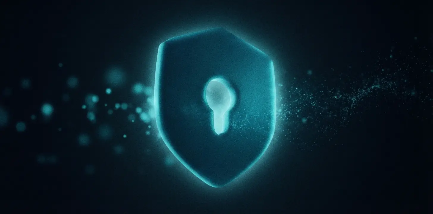 A glowing shield with a keyhole at its centre, dissolving into particles on a dark background
