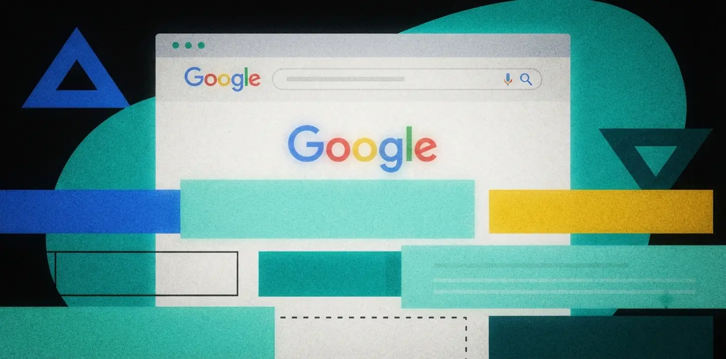 The Google search page in a browser window, layered with teal and blue geometric shapes